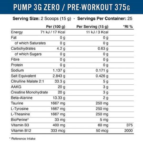 Pump 3G Zero Stim - Caffeine Free Pre-Workout 375g image 3